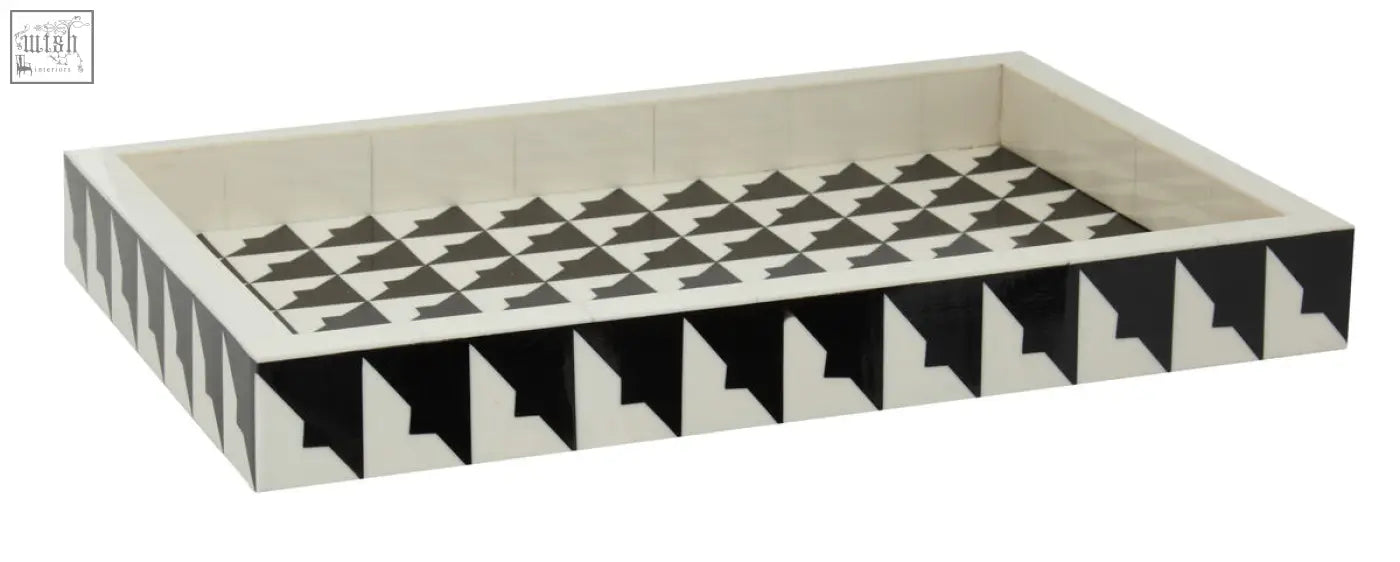 Davino black and white tray with geometric pattern and raised edges featuring a modern angular bone design
