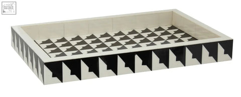 Davino black and white tray with geometric pattern and raised edges featuring a modern angular bone design