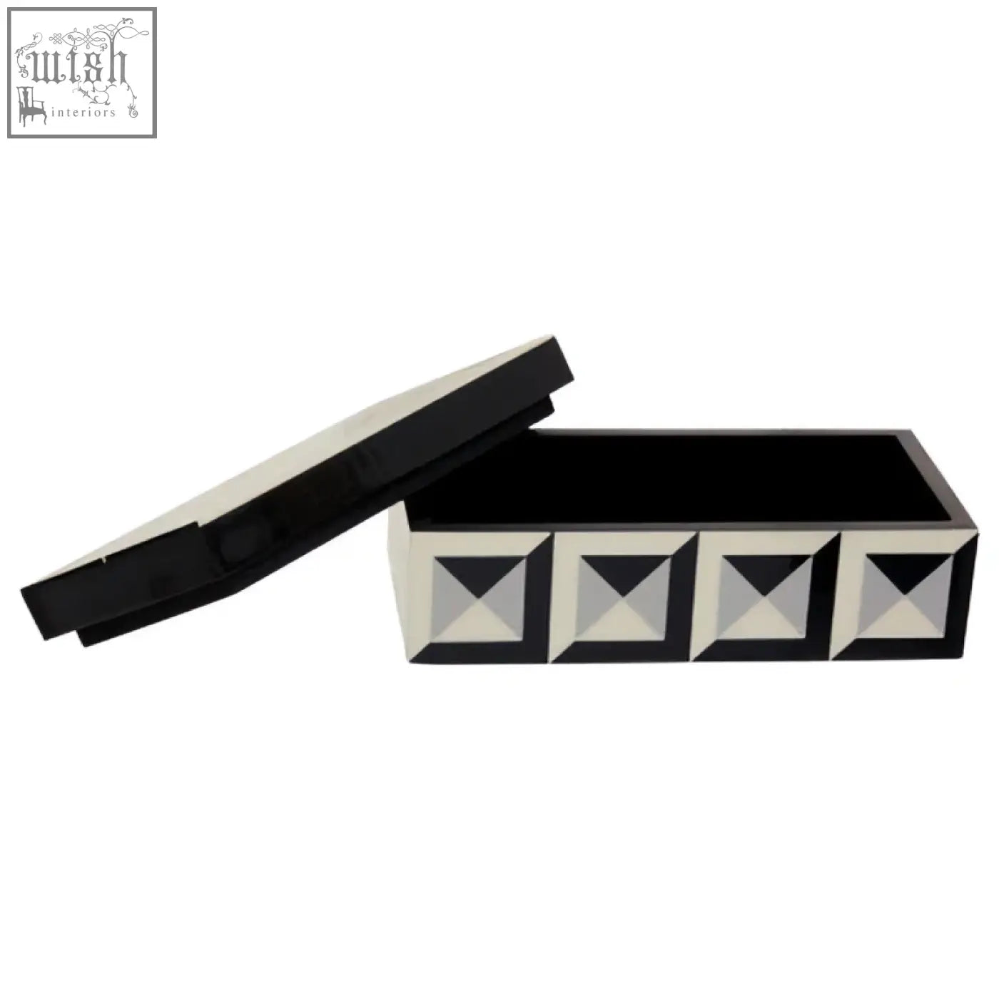 Black davino rectangular trinket box with hinged lid and four white and silver diamond accents on the front