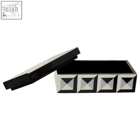 Black davino rectangular trinket box with hinged lid and four white and silver diamond accents on the front