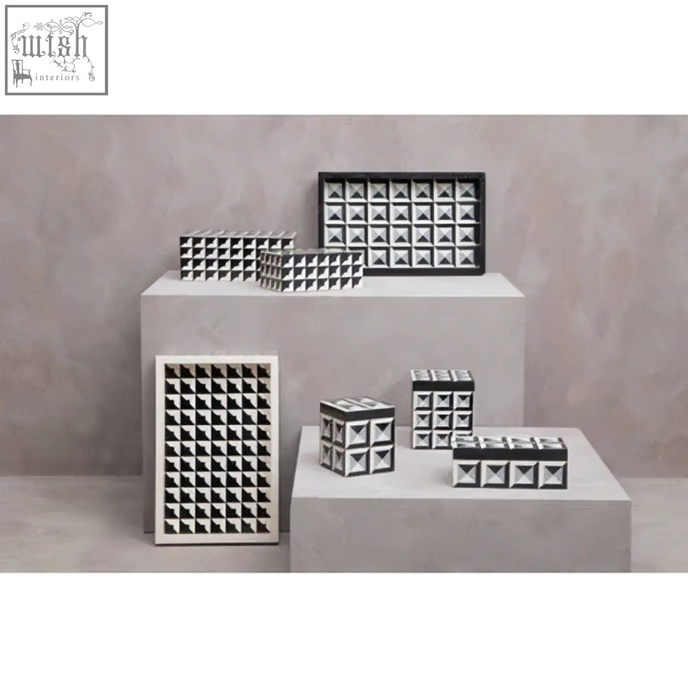 Black and white geometric patterned davino rectangular trinket box with a modern minimalist design perfect for small storage