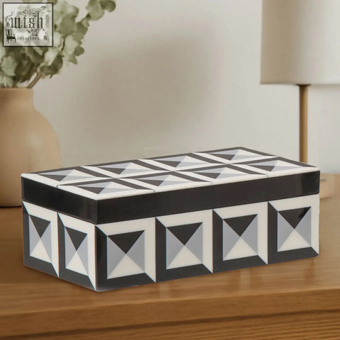 Black and white geometric patterned davino rectangular trinket box with a glossy finish for stylish storage