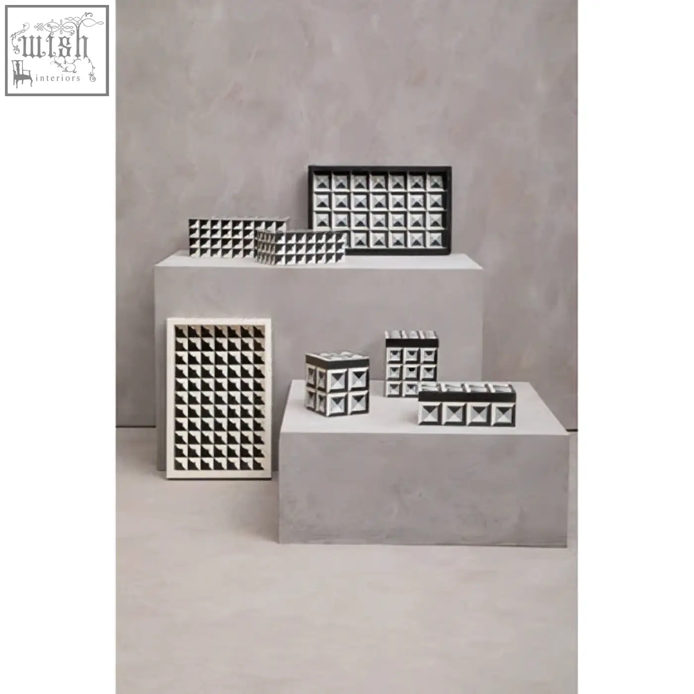 Black and white geometric grid patterned ceramic davino rectangular trinket box on tiered pedestals for storage