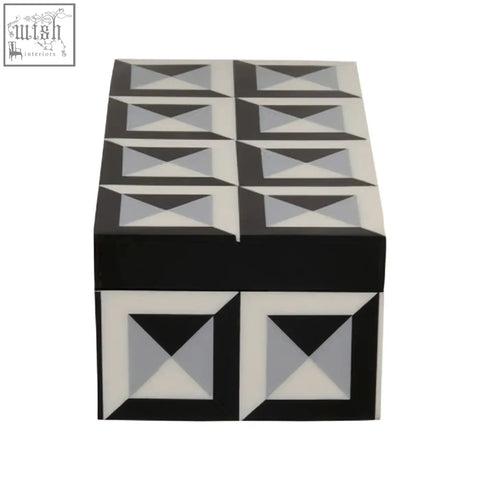Black and white geometric patterned davino rectangular trinket box with a glossy finish for stylish storage