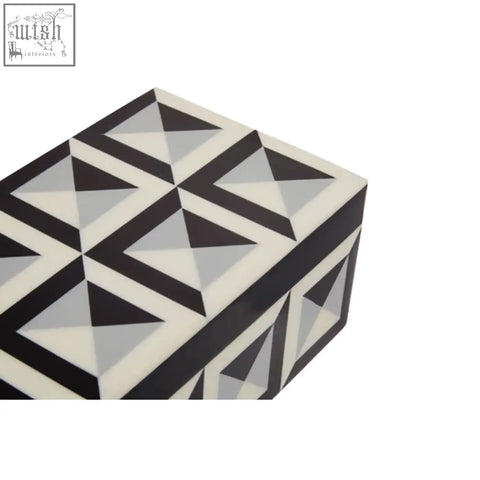 Black and white geometric patterned davino rectangular trinket box with a glossy finish for storing small items