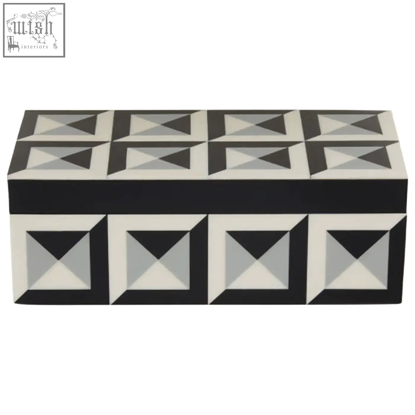 Black and white geometric patterned davino rectangular trinket box with a glossy finish for stylish storage