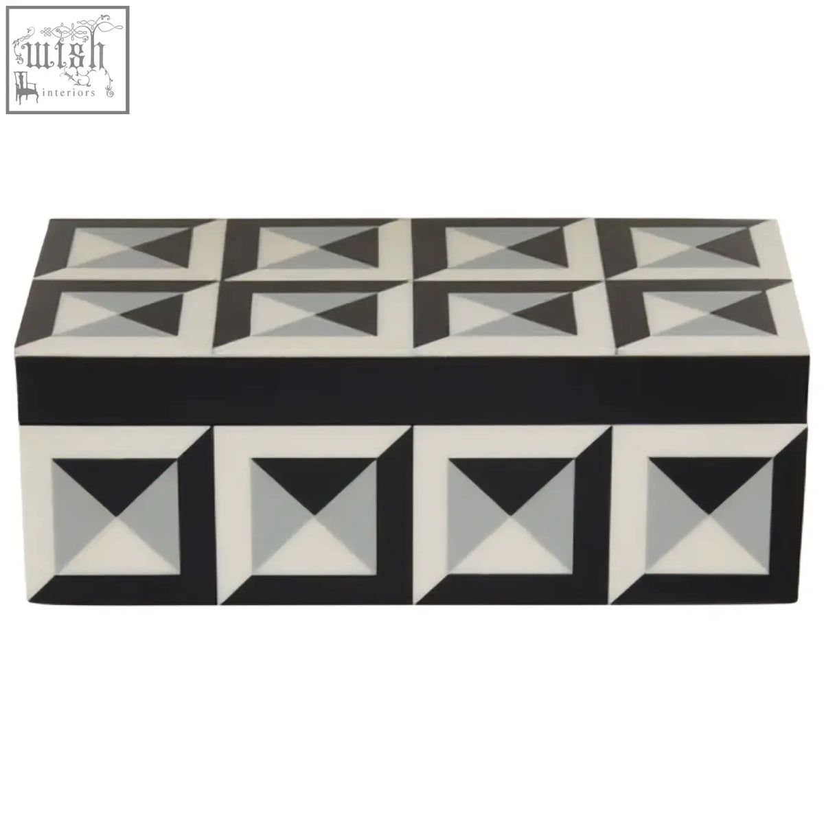 Black and white geometric patterned davino rectangular trinket box with a glossy finish for stylish storage