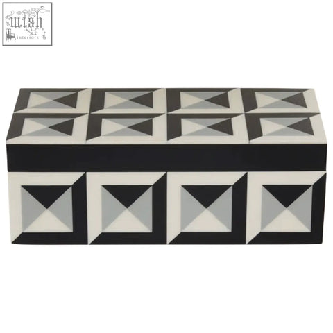 Black and white geometric patterned davino rectangular trinket box with a glossy finish for stylish storage