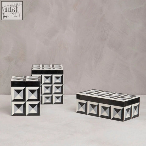 Black and white geometric patterned ceramic davino small square trinket box for stylish storage and organization
