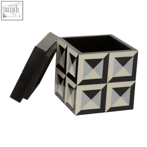 Davino small square trinket box with black and white geometric pattern and hinged lid for storing small items