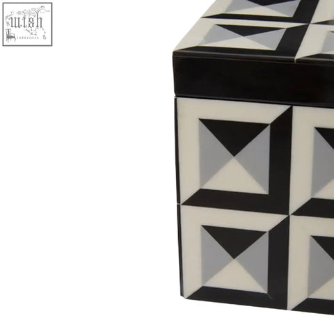Davino small square trinket box with black and white geometric pattern and glossy finish for stylish storage