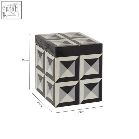 Davino small square trinket box with black and white geometric pattern and glossy finish for storing small items