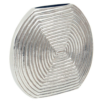 Dax silver small vase with silver metallic finish, concentric circular ridges, and dark blue interior