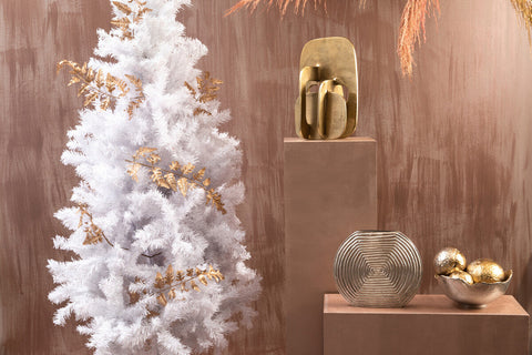 White artificial christmas tree with gold leaf accents next to dax silver small vase perfect small vase decor
