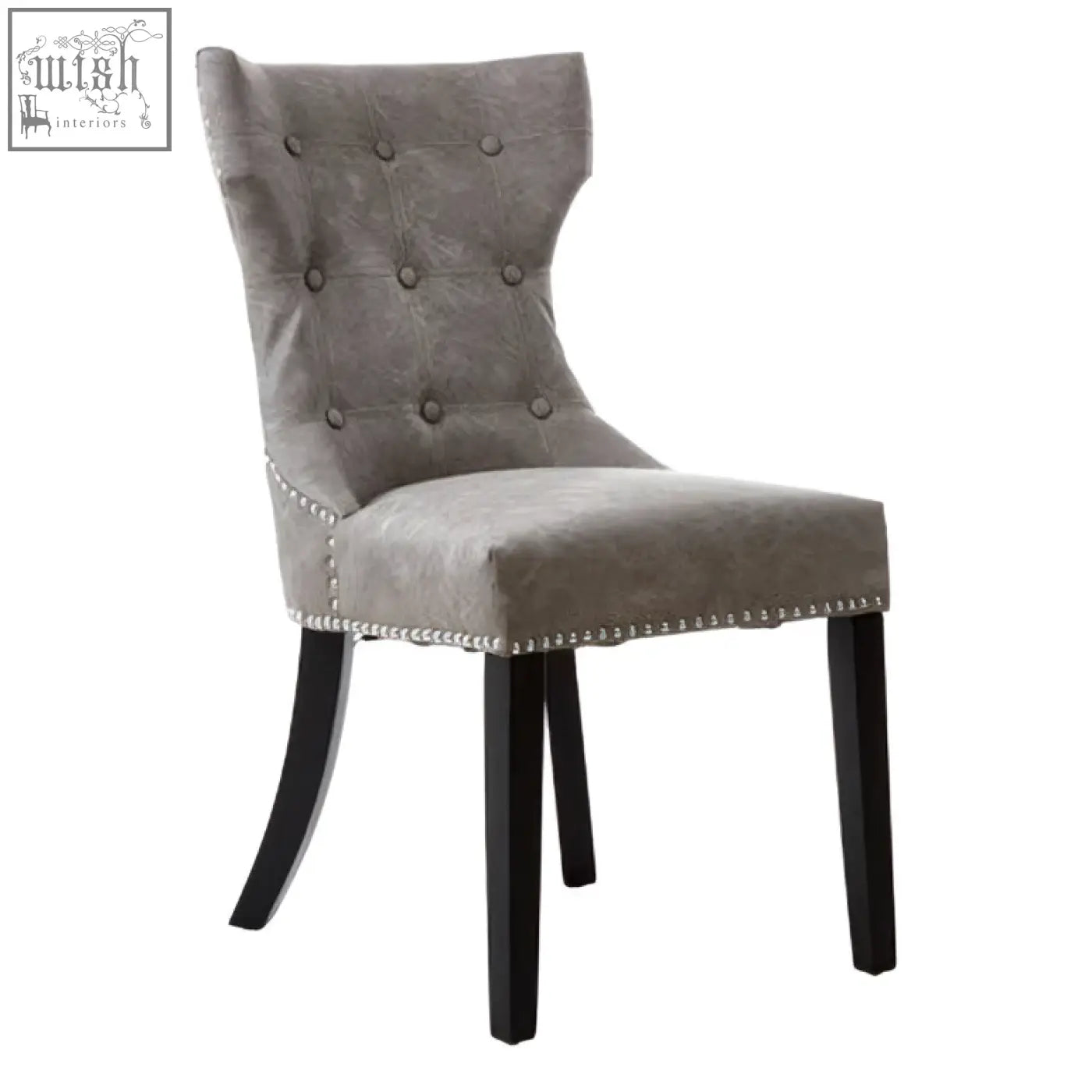 Daxton grey leather dining chair with gray tufted velvet seat and black rubberwood legs with nailhead trim