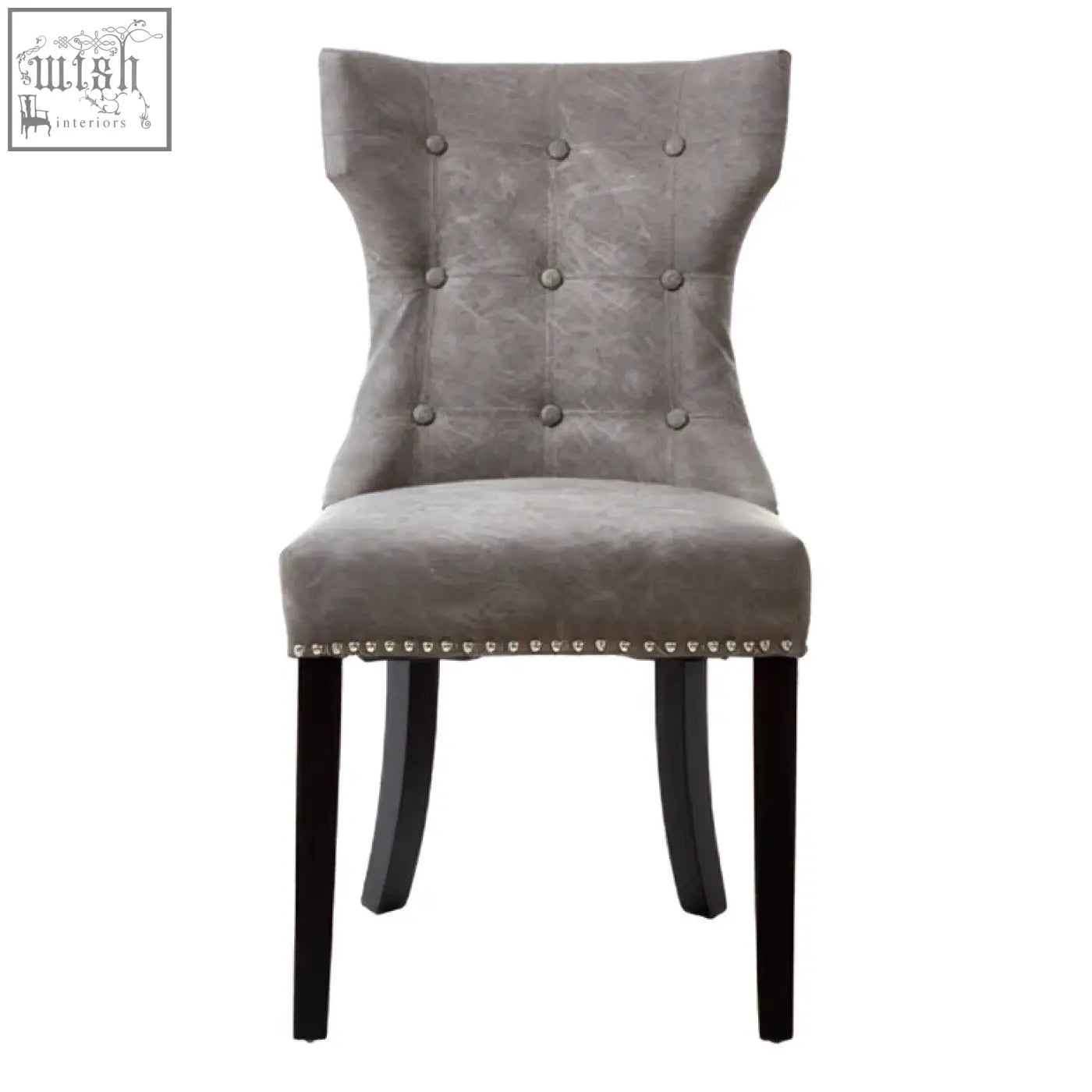 Daxton grey leather dining chair with gray tufted velvet upholstery and black rubberwood legs with nailhead trim