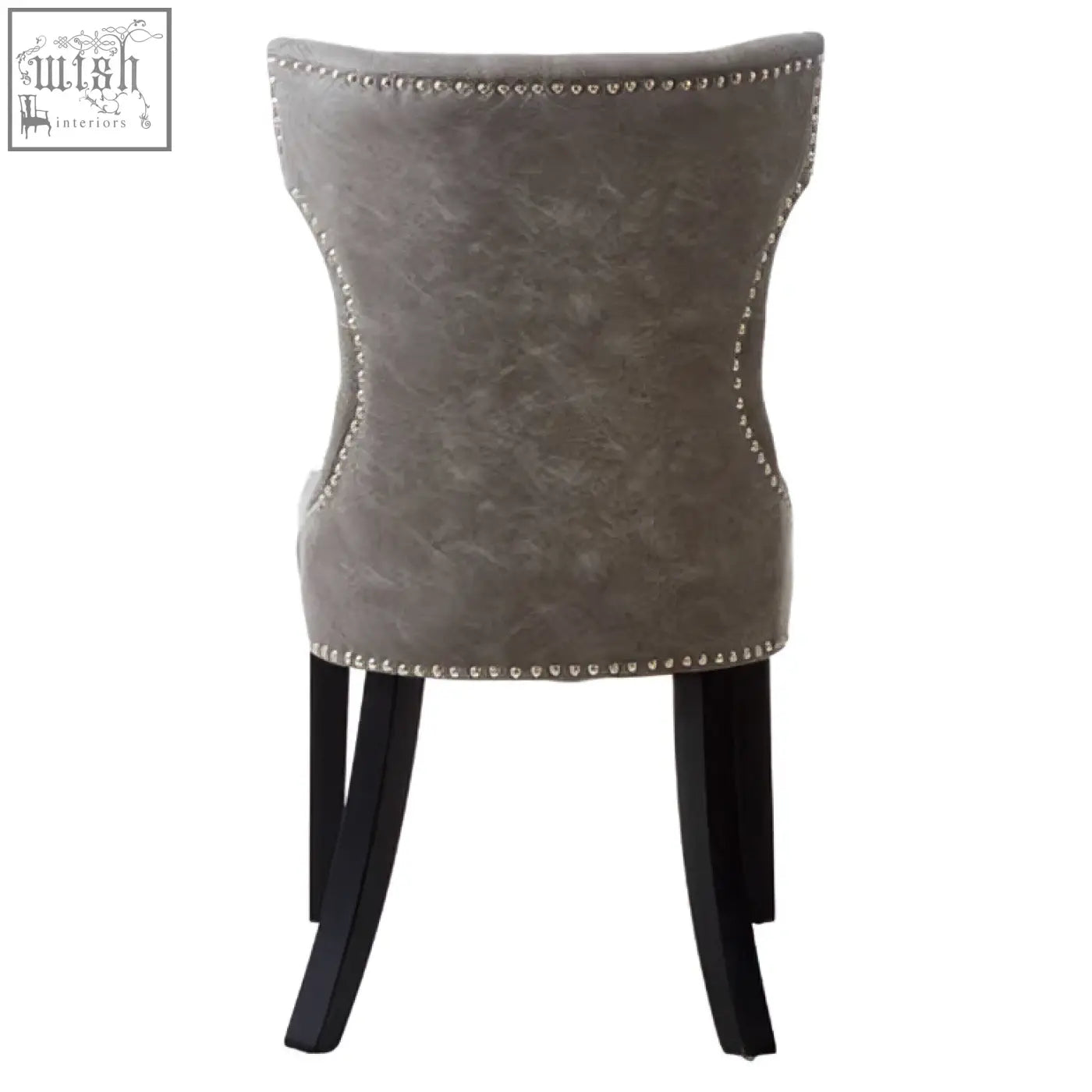 Daxton grey leather dining chair with gray upholstery black rubberwood legs and nailhead trim on backrest