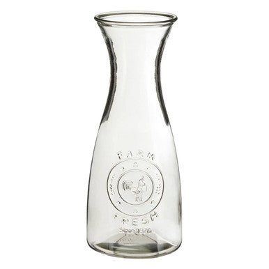 Dayla clear glass carafe with embossed farm fresh logo and rooster design in clear glass 1000ml capacity