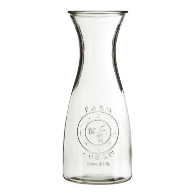 Dayla clear glass carafe with embossed farm fresh logo and rooster design in clear glass 1000ml capacity