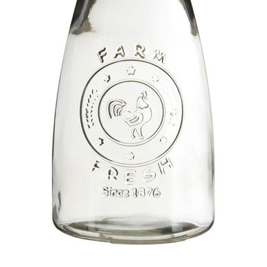 Dayla clear glass milk bottle with embossed farm fresh logo and rooster design 1000ml clear glass carafe