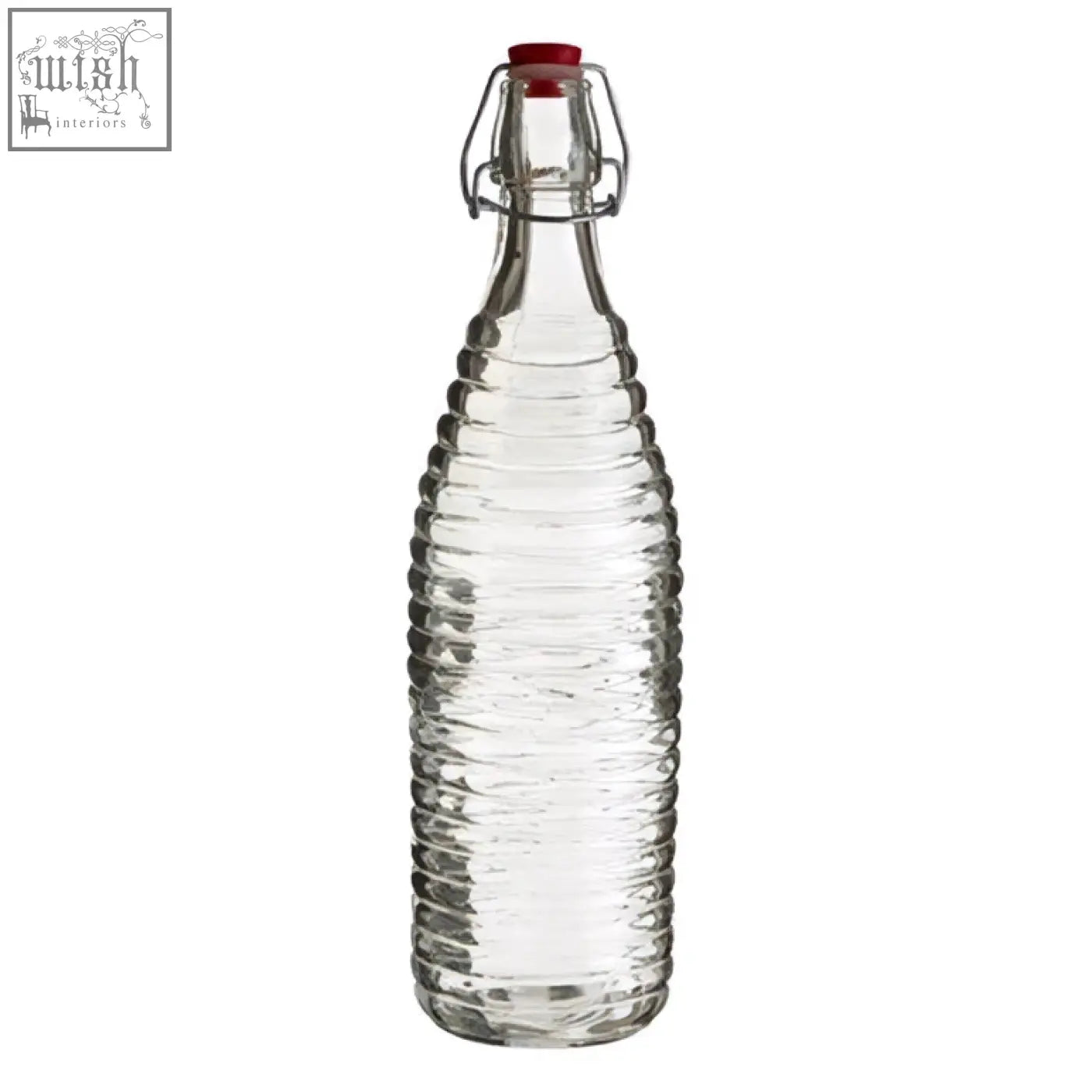 Dayla clear ribbed 1000ml glass bottle with red clip stopper and vertical ridges for secure sealing