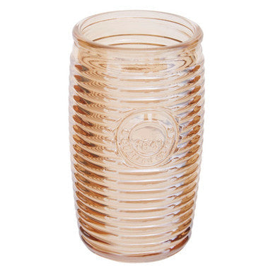Clear ribbed glass tumbler with subtle amber tint and embossed logo in the dayla set of four gold ribbed glass tumblers