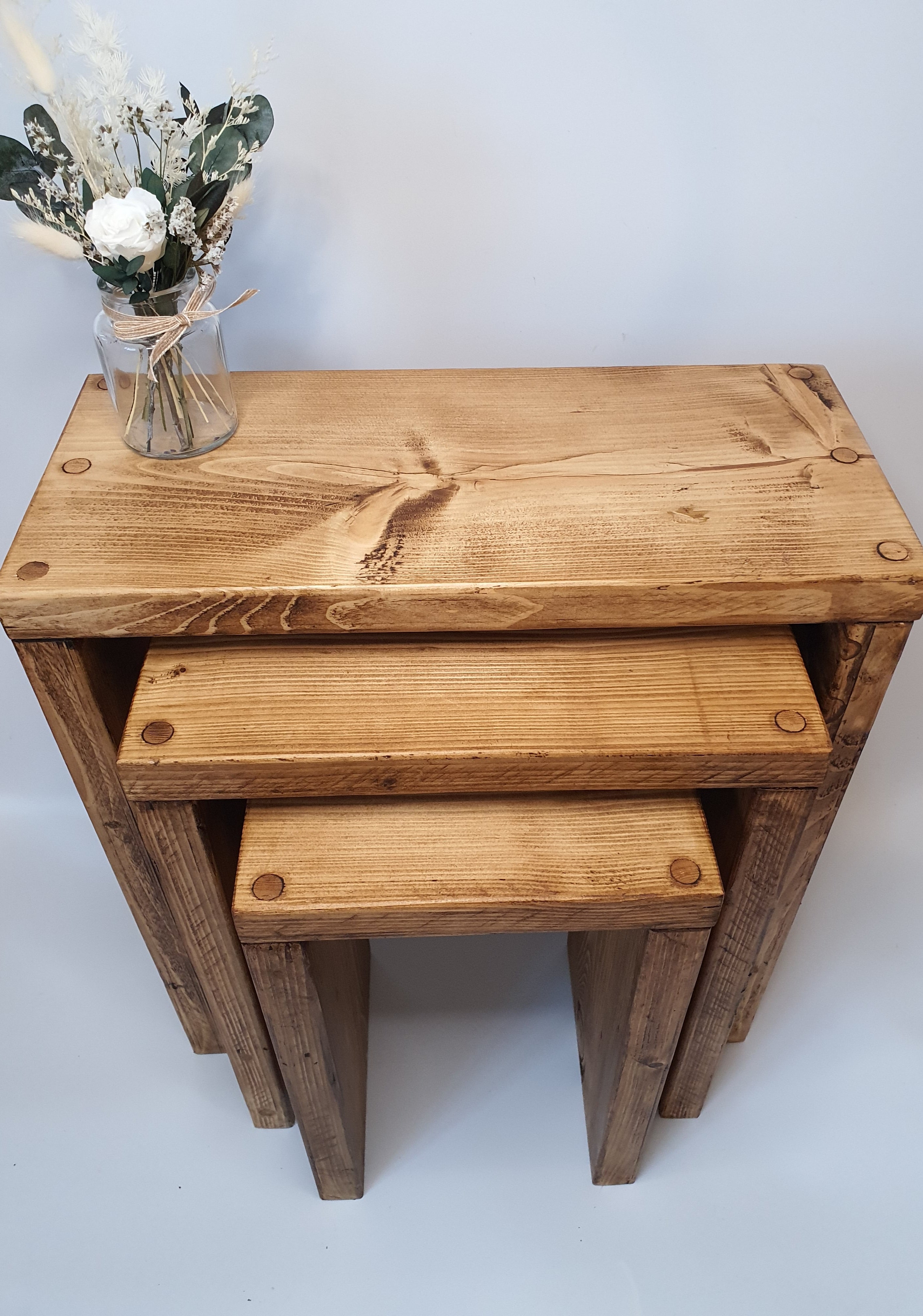 Set of 3 Solid Wood Rustic Nest Of Tables with Timber Legs