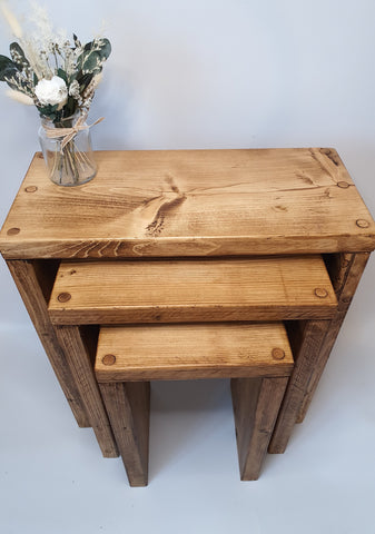 Set of 3 Solid Wood Rustic Nest Of Tables with Timber Legs