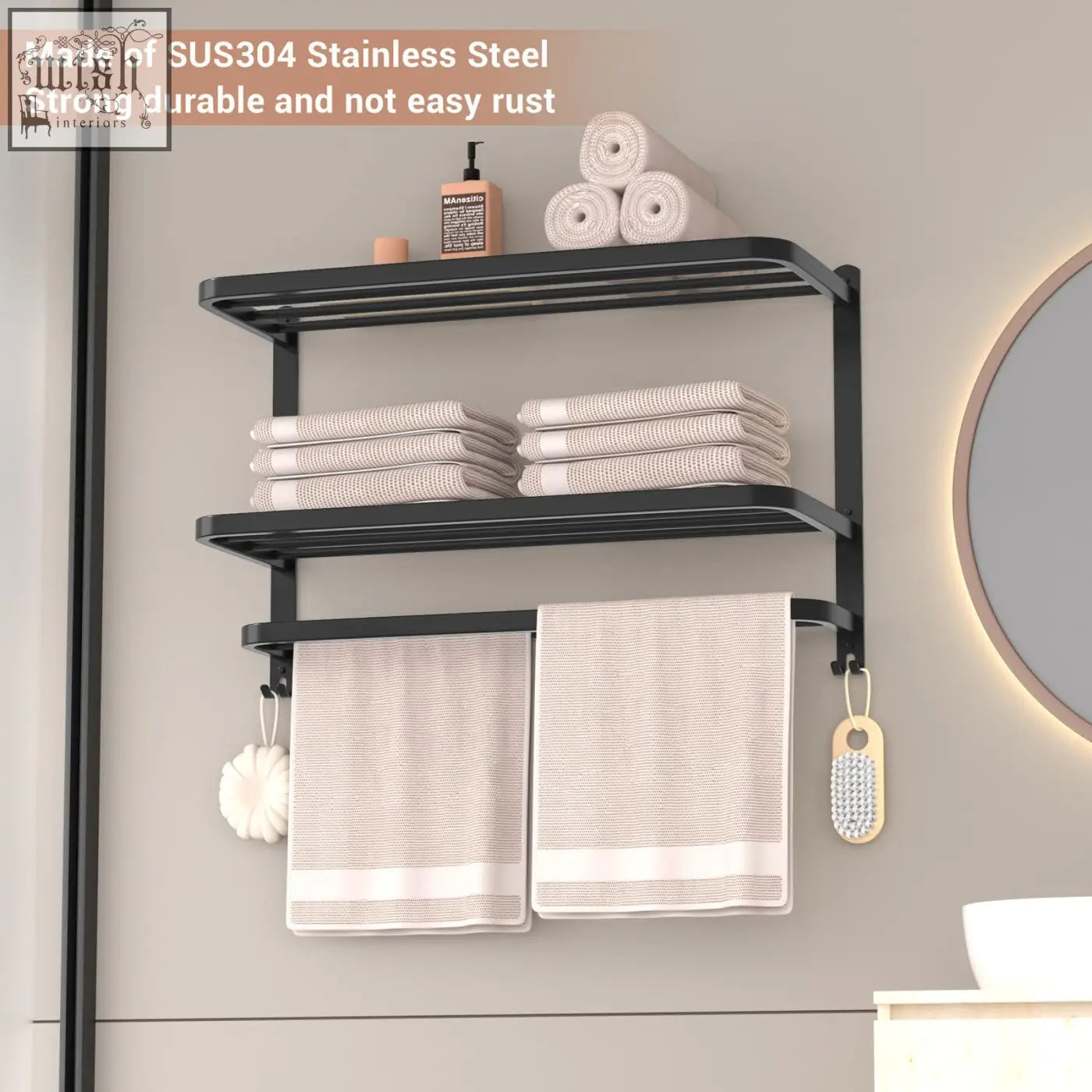 Black sus304 stainless steel 3-tier towel rack wall-mounted with towel bars holding folded and hanging towels