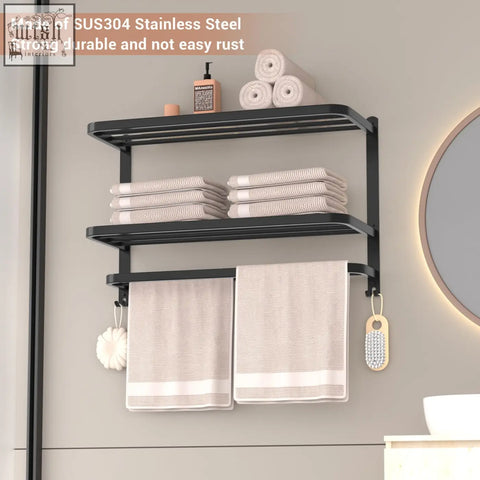 Black sus304 stainless steel 3-tier towel rack wall-mounted with towel bars holding folded and hanging towels