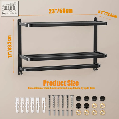 Black metal two-tier towel shelf with sleek modern design perfect as a stainless steel wall-mounted towel rack