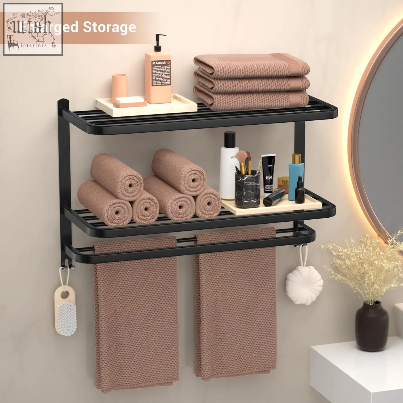 Black stainless steel wall-mounted towel rack with two-tier towel shelf holding beige towels and toiletries