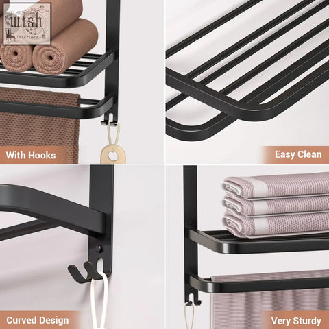 Black metal towel rack with curved design and hooks stainless steel 3-tier wall-mounted towel shelf for bathroom