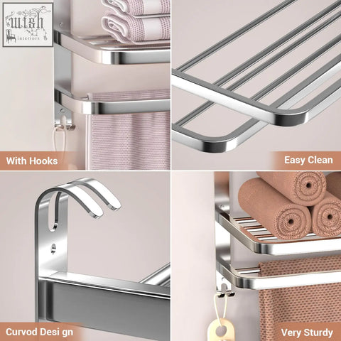 Stainless steel wall-mounted towel rack with curved hooks and 3-tier towel shelf for bathroom use