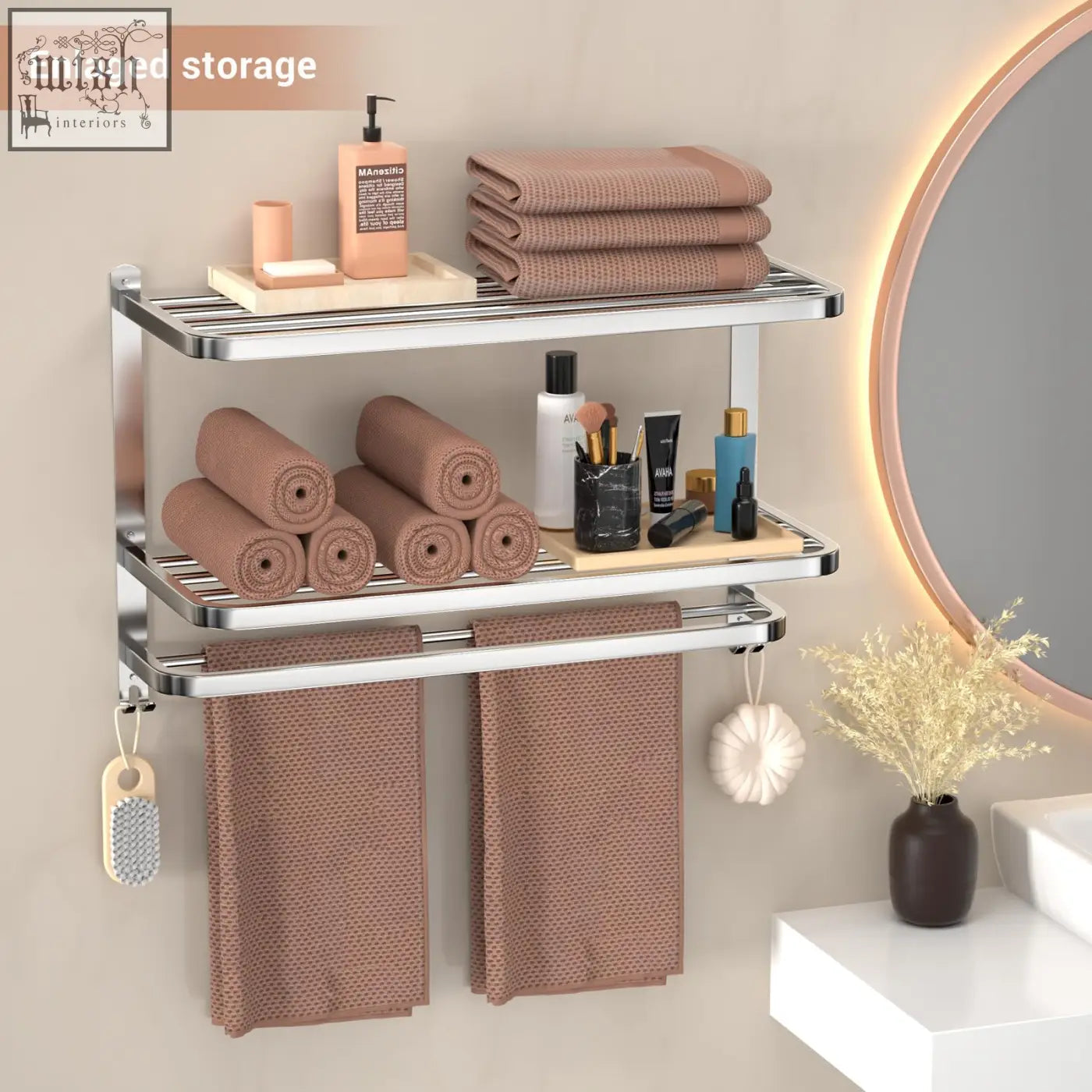 Silver double-tier towel shelf with sleek chrome stainless steel bars for modern bathroom wall-mounted rack