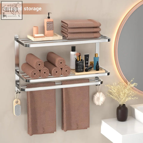 Silver double-tier towel shelf with sleek chrome stainless steel bars for modern bathroom wall-mounted rack