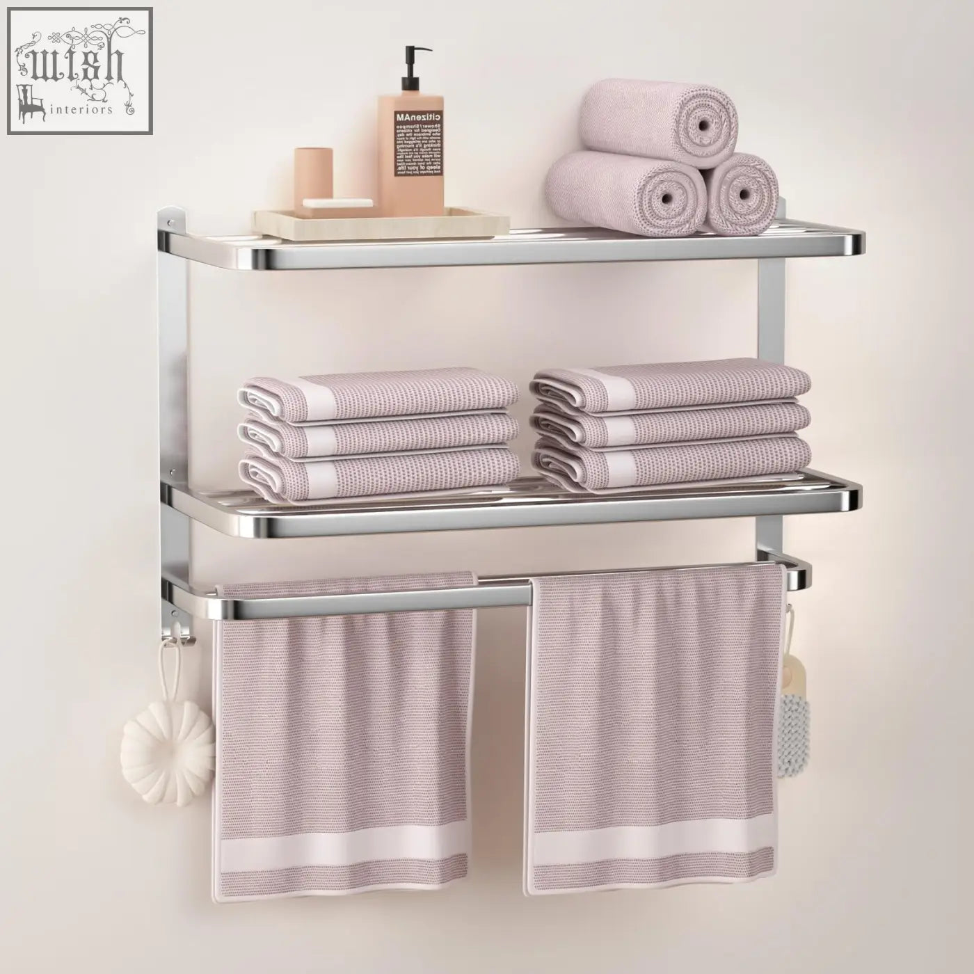 Modern chrome finished stainless steel wall mounted towel rack with two shelves and lavender striped towels on towel shelf
