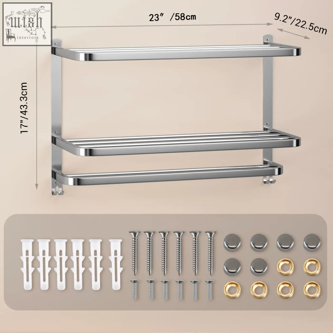 Silver double-tier stainless steel towel rack with sleek chrome finish and matching hardware for bathroom towel shelf