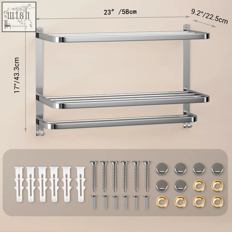 Silver double-tier stainless steel towel rack with sleek chrome finish and matching hardware for bathroom towel shelf