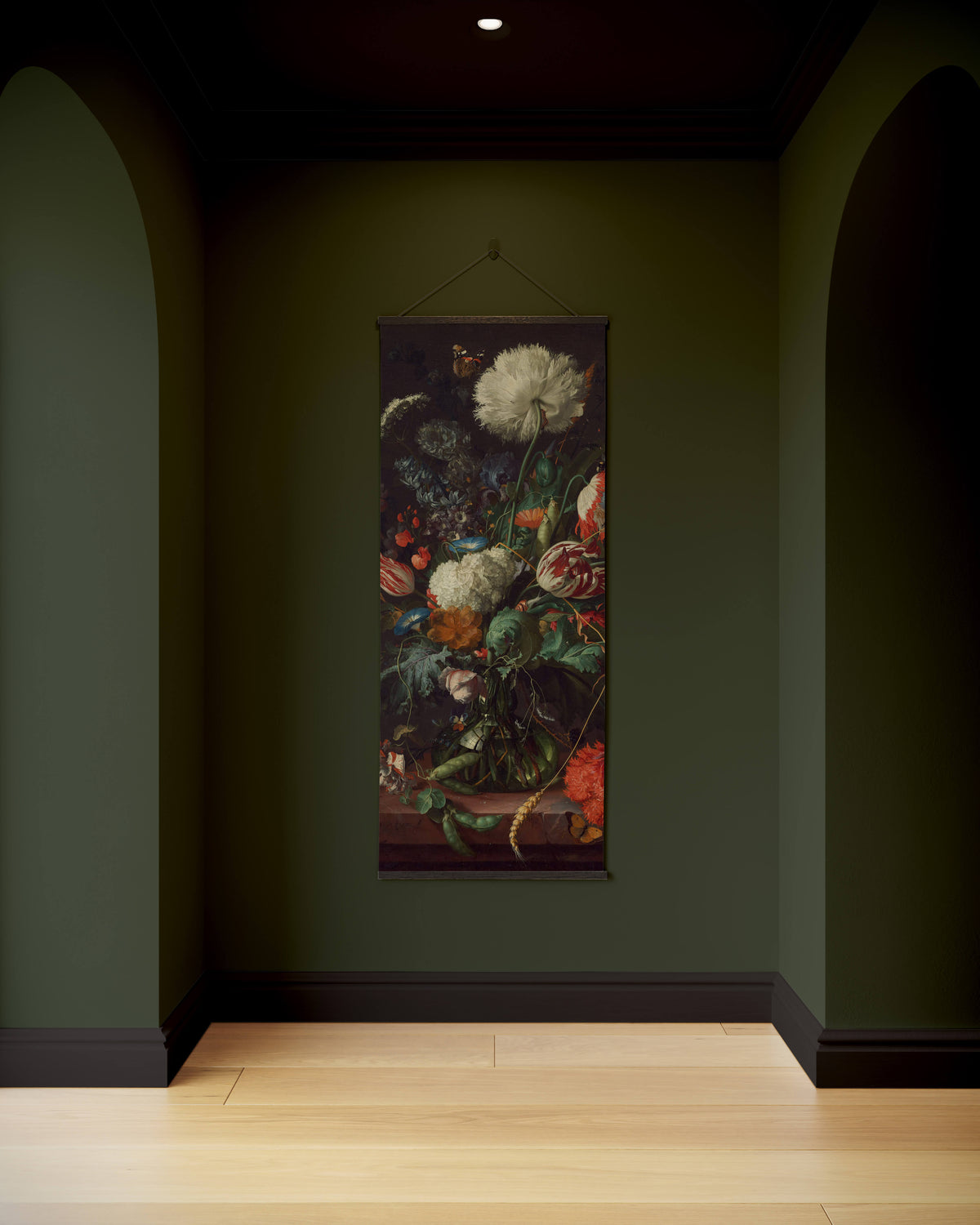 A detailed heem flowers tapestry with vibrant white red and orange blossoms and lush green foliage on dark background