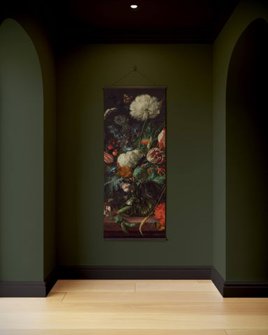 A detailed heem flowers tapestry with vibrant white red and orange blossoms and lush green foliage on dark background