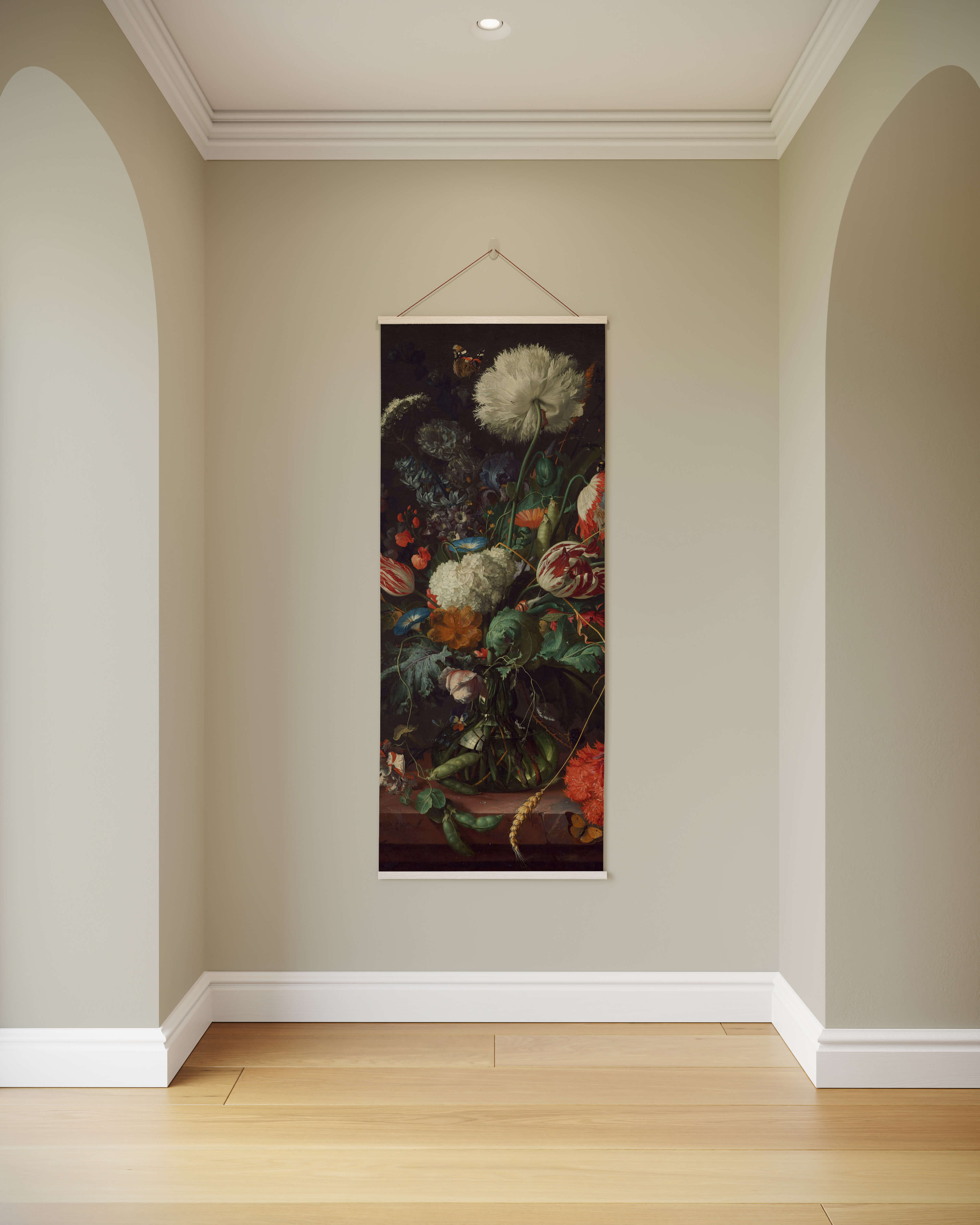 A vertically hanging heem flowers tapestry with vibrant floral still life and foliage on dark canvas with white border