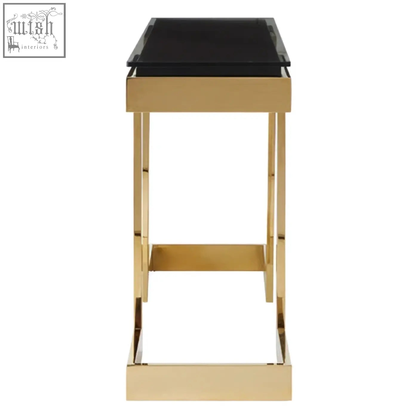 Gold-finished metal bar stool with sleek black glass top complements deana gold black console table design