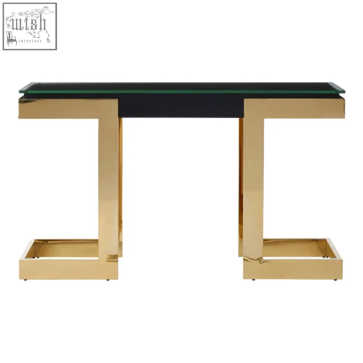 Deana gold black console table with sleek black glass top and gold geometric angular legs perfect for entryway use