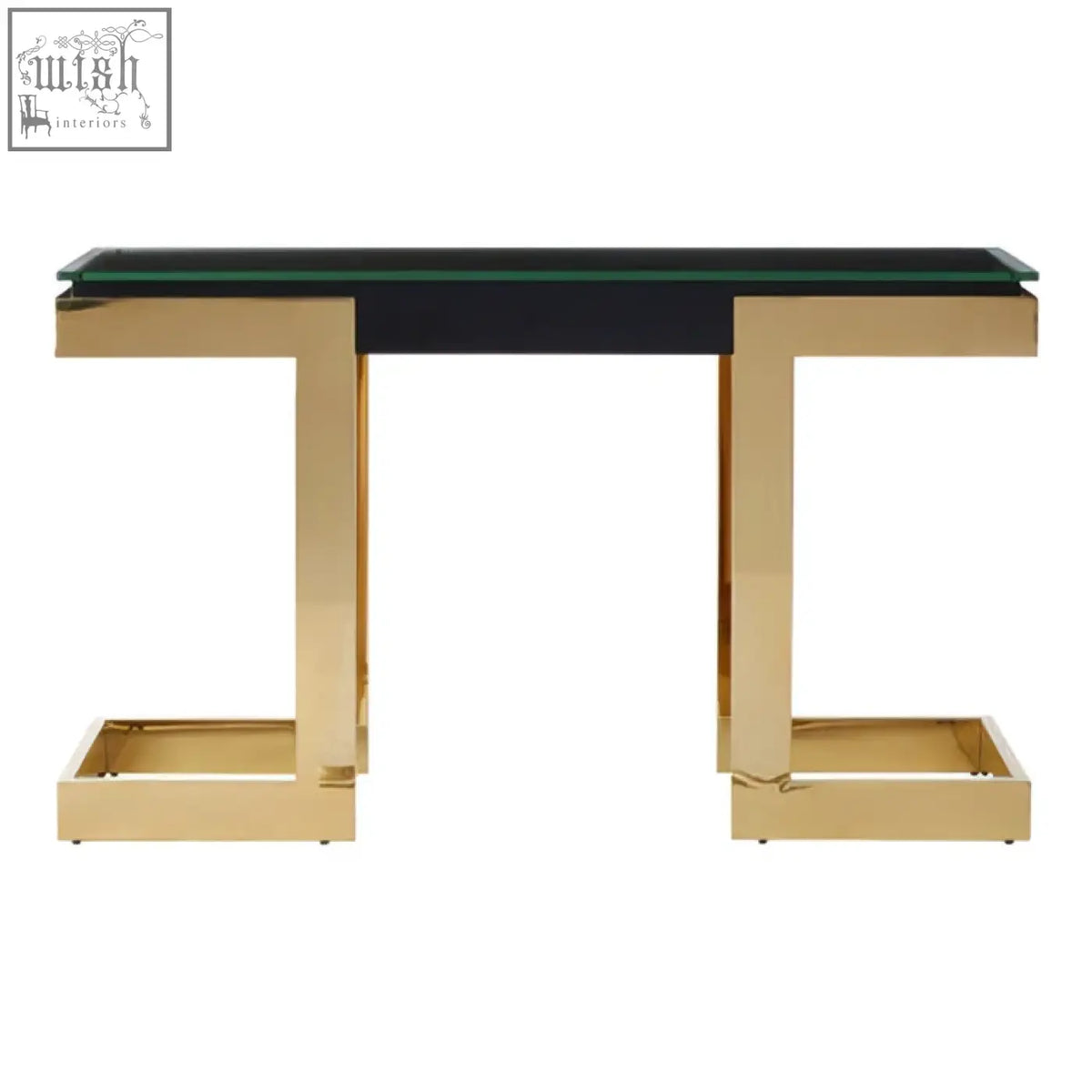 Deana gold black console table with sleek black glass top and gold geometric angular legs perfect for entryway use