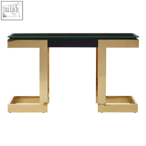 Deana gold black console table with sleek black glass top and gold geometric angular legs perfect for entryway use