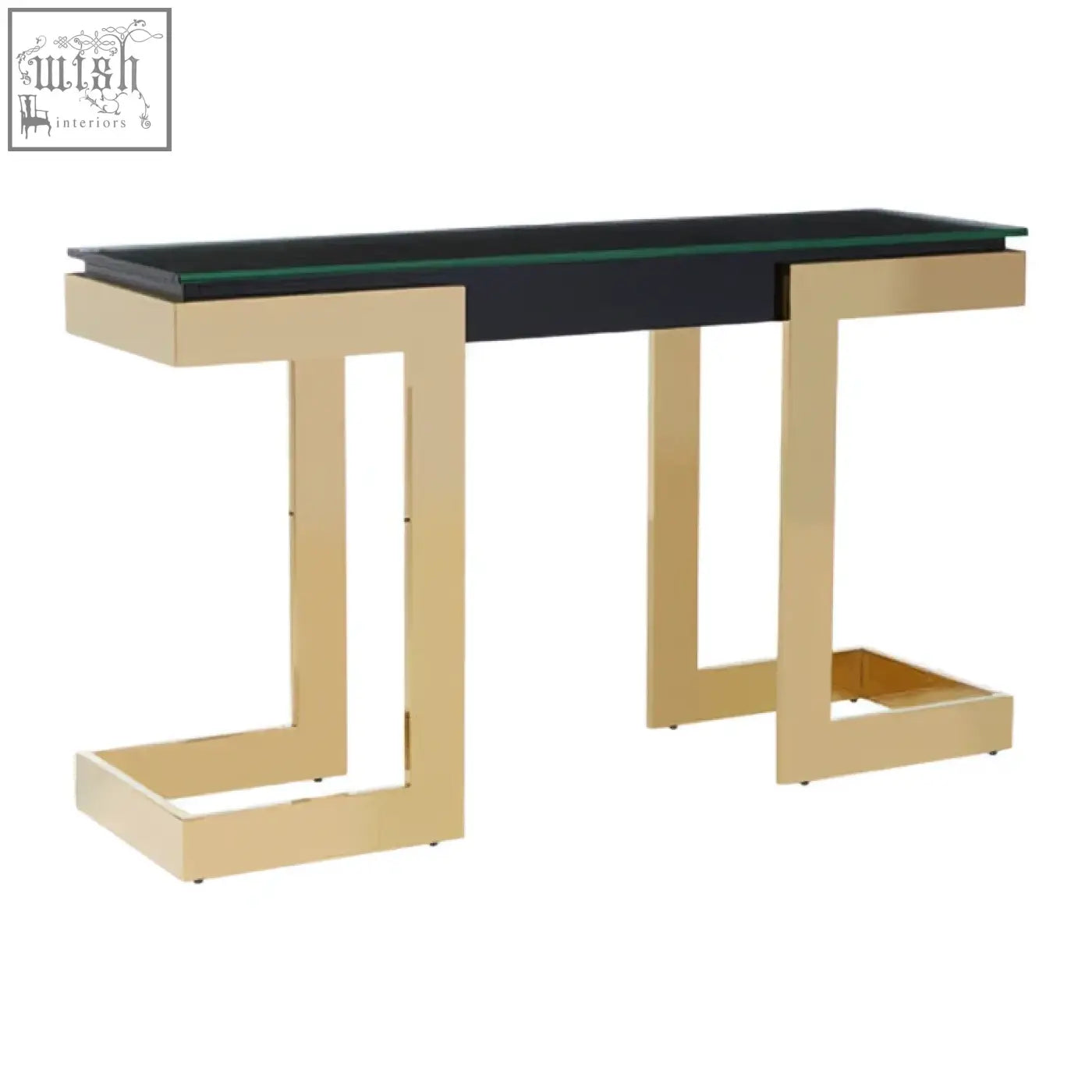 Modern deana gold black console table with sleek black glass top and polished gold metal geometric legs