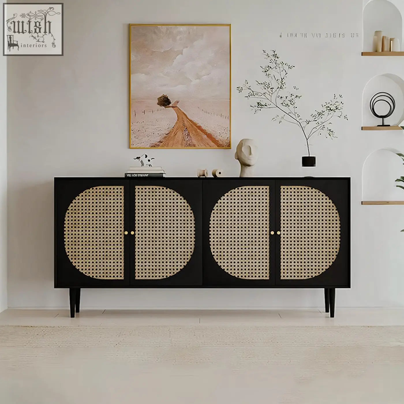 Black debby rattan sideboard with circular cane panel doors and gold-toned hardware for stylish storage