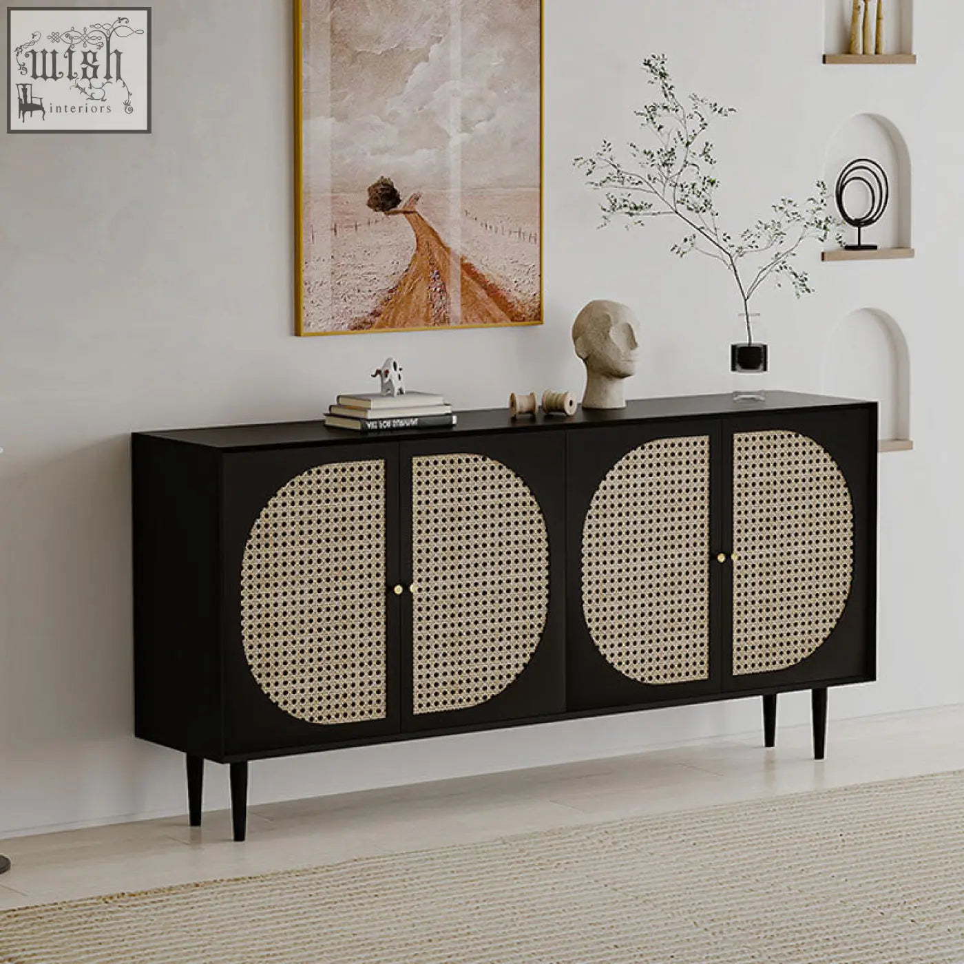Black debby rattan sideboard with four oval cane-paneled doors and slender legs for stylish storage