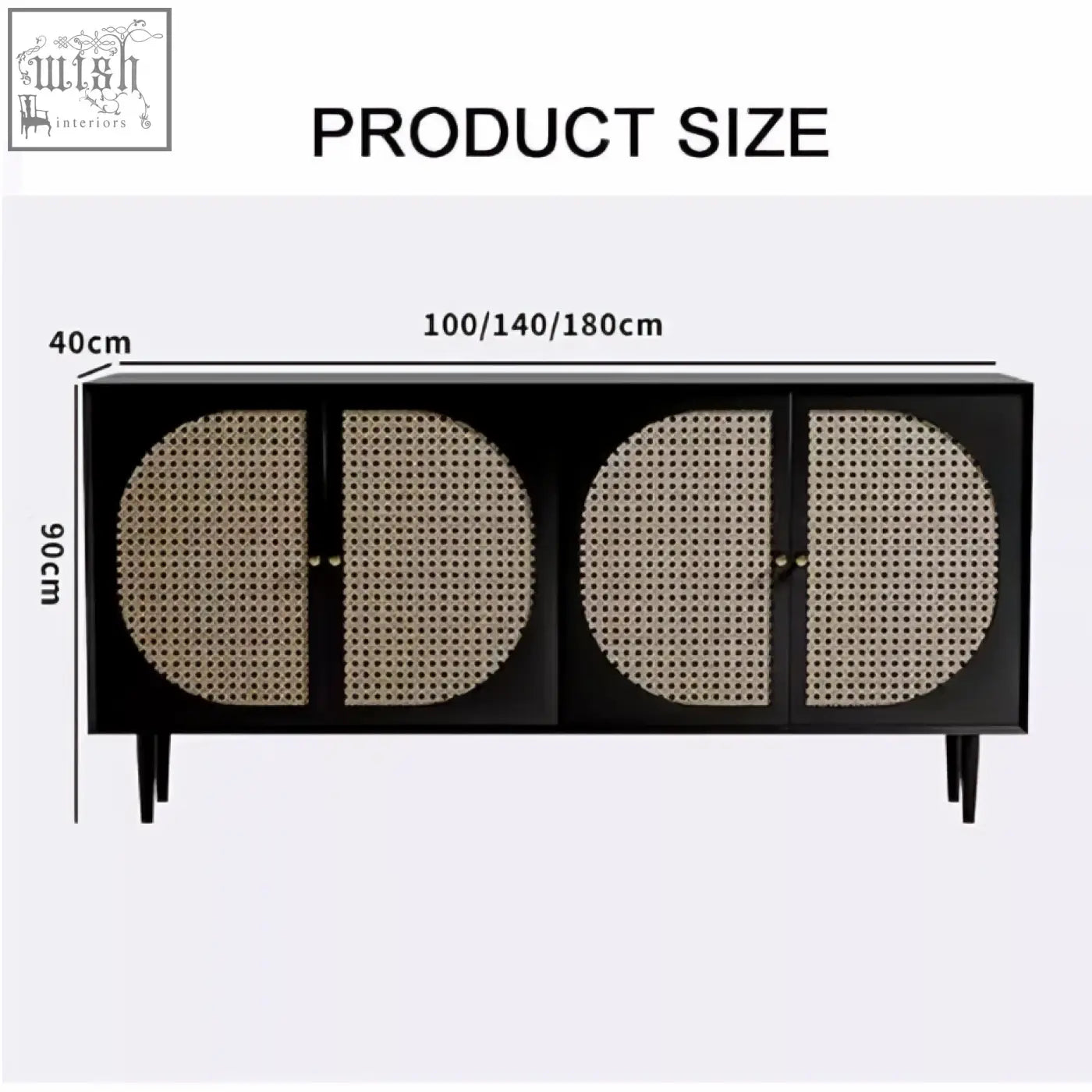Black debby rattan sideboard with four circular cane-paneled doors and slender legs for modern storage